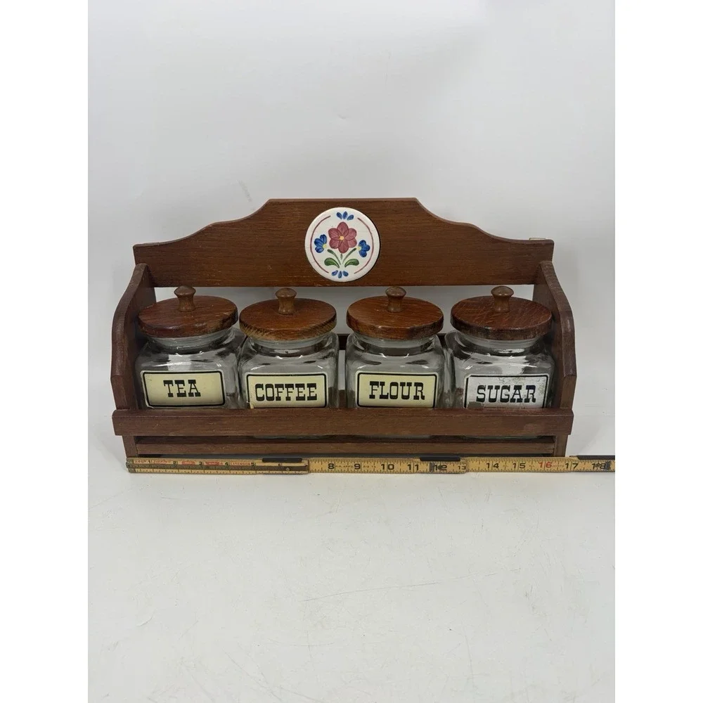 VTG Taiwan Oak Wood Glass Canister Set Farmhouse CottageCore Tea Coffee Sugar